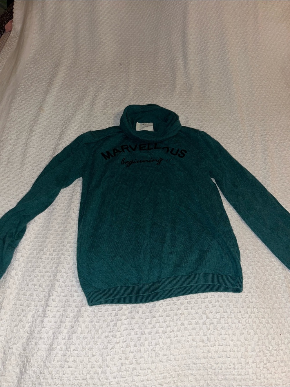 Zara Teal Turtleneck Sweater with Front Script